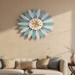 Blue White Leaf Metal Wall Clock