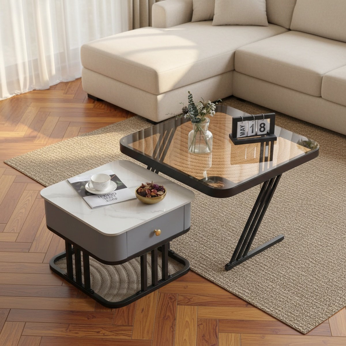 glass-marble-nesting-table-set-of-2-ah-9539238297913-1 Glass & Marble Nesting Tables with Drawer | Set of 2 - Image 1