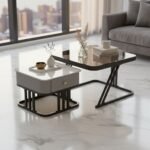 Glass & Marble Nesting Tables with Drawer | Set of 2 - Image 3
