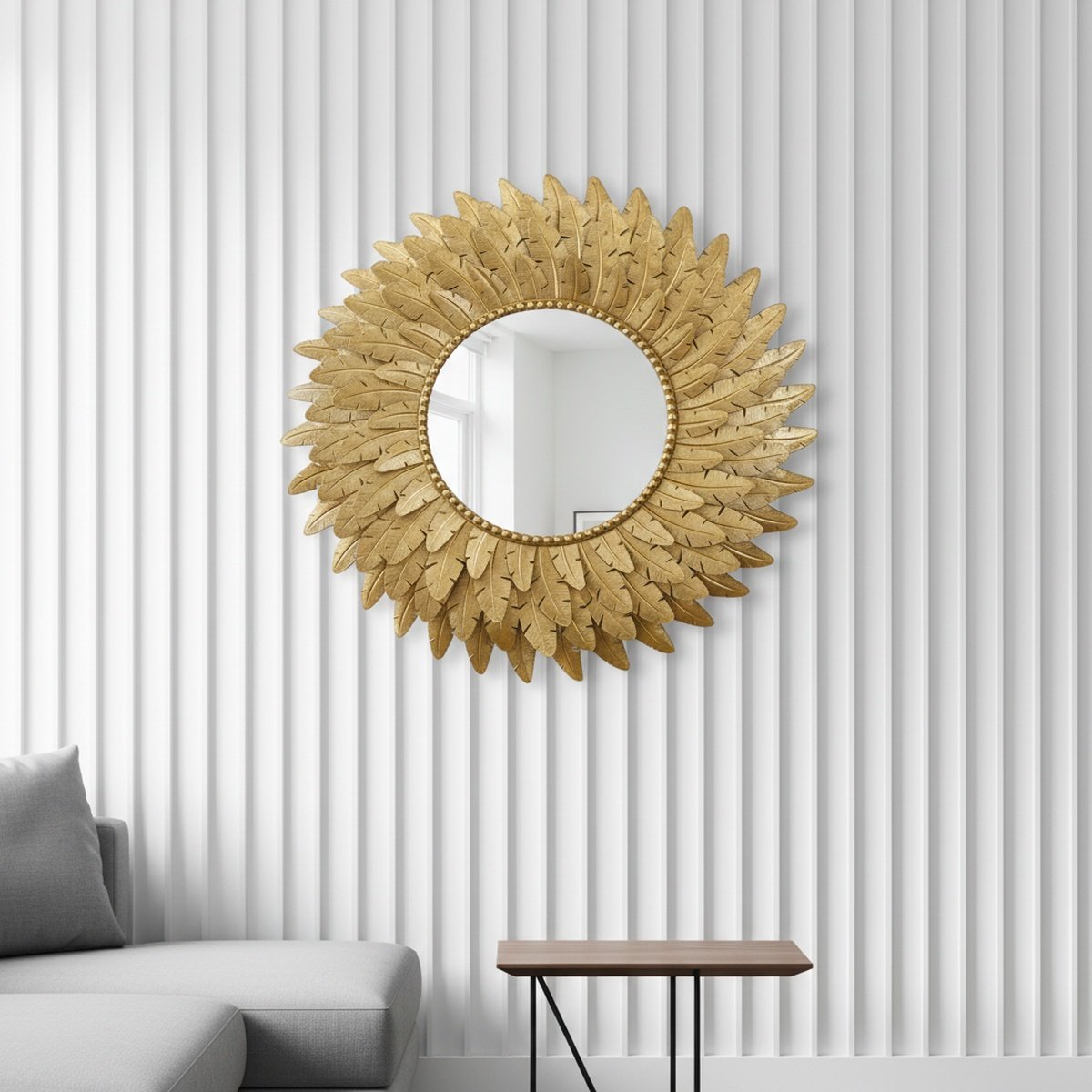 gold-feather-metal-wall-mirror-ah-8121121636552-1 Gold Feather Metal Wall Mirror - Image 1