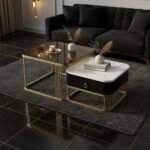 Gold Glass & Marble Nesting Tables with Drawer | Set of 2