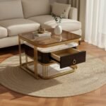 Gold Glass & Marble Nesting Tables with Drawer | Set of 2 - Image 2