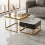 Gold Glass & Marble Nesting Tables with Drawer | Set of 2 - Image 3