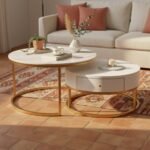 Gold Round Marble Nesting Tables with Drawer | Set of 2 - Image 2