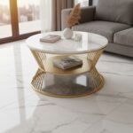 Gold Round Marble Centre Table with Storage Shelf