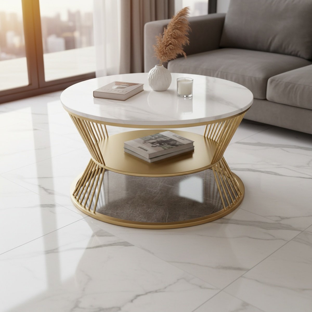 gold-round-marble-center-table-with-storage-ah-8235105517768-1 Gold Round Marble Centre Table with Storage Shelf - Image 1