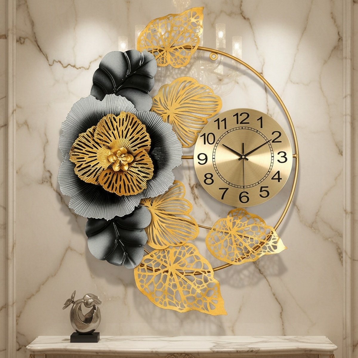 golden-flower-metal-wall-clock-ah-8121133727944-1 Golden Flower Metal Wall Clock - Image 1